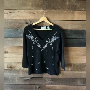 Vintage Shenanigans Black Floral Beaded Butterfly Embroidered Sweater L